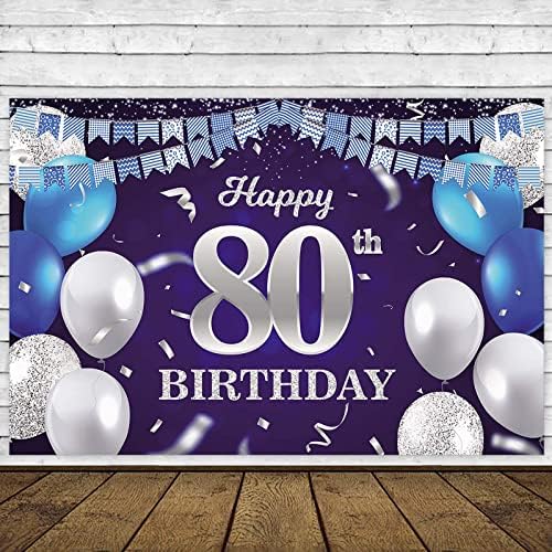 Pozadina s natpisom Sretan 80. rođendan, tamnoplavi baloni, zastava na pruge s konfetama, svjetlosne mrlje, čestitke za 80. rođendan,