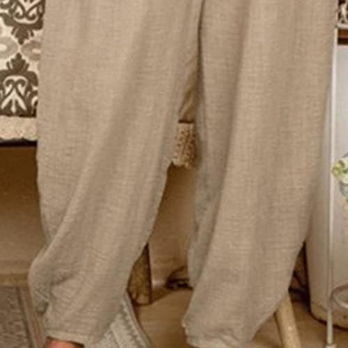 DGHM-jlmy Ženski čvrsti pamuk moda labave ležerne hlače džepovi lanene hlače elastični struk lagani joggers duge hlače