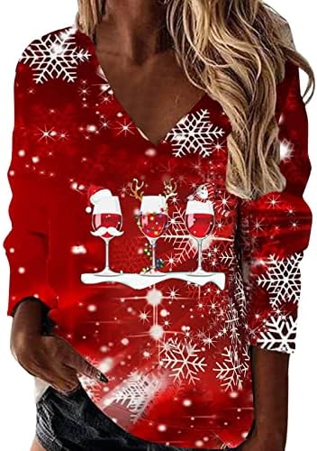 Božićne Dukserice za žene 2022, majice s izrezom u obliku slova U i svjetlucavim printom, ležerni labavi puloveri s dugim rukavima,