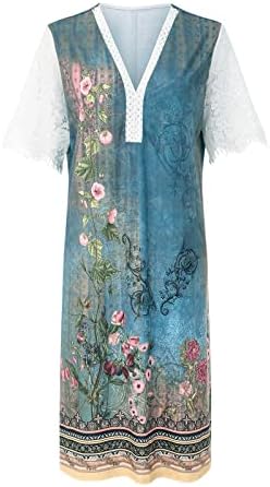 Ljetne haljine za žene čipkasti kratki rukav v vrat cvjetni print mid haljina labava etnička praznična haljina