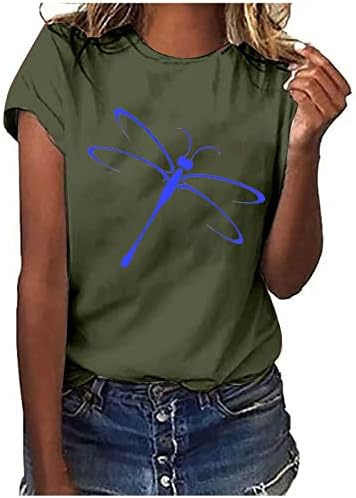 Ženska majica za vrat posade opremljena plaža grafički tee Dragonfly Print Summer Casual Basic Tee Top