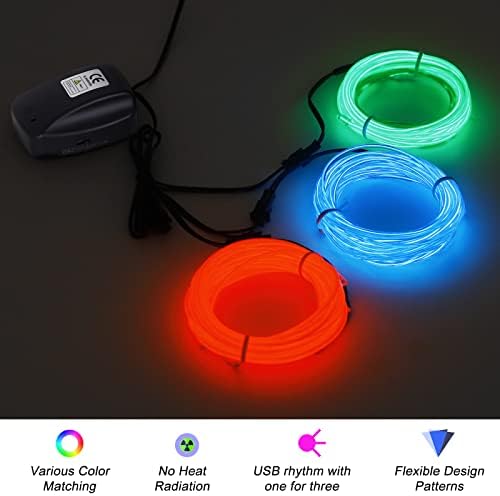 JIGUOOR USB el Wire 49,21ft/15m Svijetla neonska svjetlosna traka 360 ° Osvjetljenje neonske cijevi ritam konopca svjetla za DIY, festival,