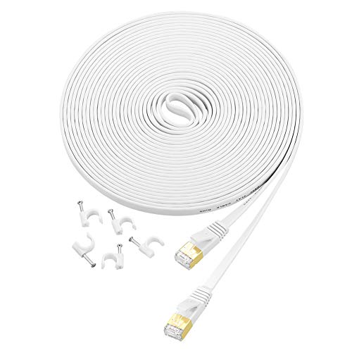 Lekvkm Cat 6 Ethernet kabel 100 ft velike brzine RJ45 Internet kabel za vanjski i unutarnji podrška CAT6 Network Solid Slim White Flat