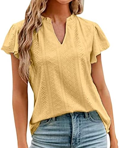 Košulja od traper majice za eyelet žene proljeće i ljetni pamučni kratki rukav v vrat se smanjuje naborana boja labava košulja vrh