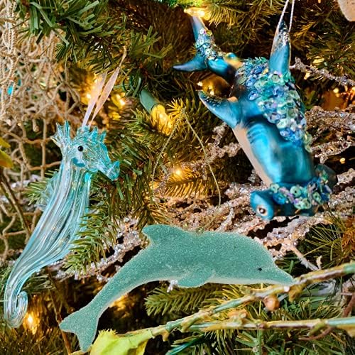 Aqua Blue Dolphin Ornament božićnog drvca, svečani ukrasi za nautičke božićne božićne ukrase, viseći odmor za drveće i vijence, 5,25