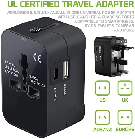 Travel USB Plus International Power Adapter kompatibilan s Alcatel Verso za svjetsku energiju za 3 uređaja USB Typec, USB-A za putovanje