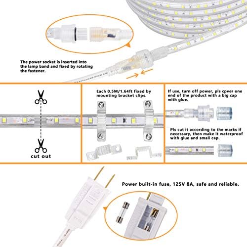 Prezirni LED konop svjetla na otvorenom - unutarnja vodootporna dnevna svjetlost bijela 50ft 110V jaka rasvjeta Cuttable ConnectAble