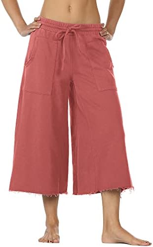 Icyzone Culottes Capri hlače za žene - Elastični struka široka nogavi noge casual salon pamučne trenerke s džepovima