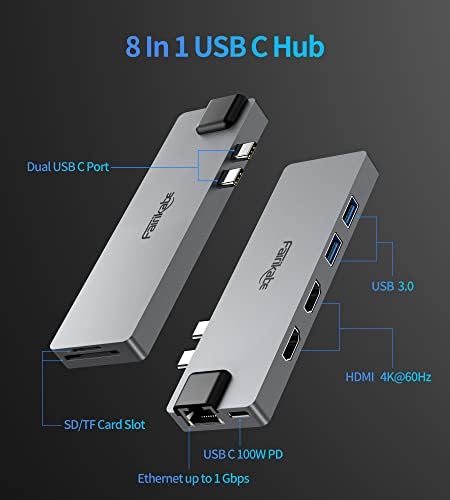 Многопортовый USB adapter C Hub za MacBook Pro 2019/2018/2017, 8 u 1 USB C na dvostruki adapter HDMI 4K 60 Hz, Ethernet 1gbit / s,