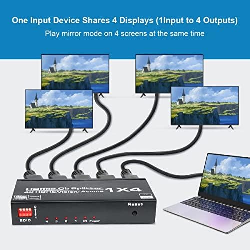 HDMI razdjelnik 1 u 4, 4K 60Hz HDMI 2.0 Kutija za distributer audio videozapisa, podijeljen na 4 identična zaslona, ​​Podrška 3D, HDR,