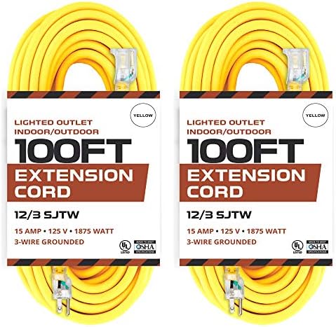 Iron Forge kabel 2 pakiranje od 100 stopa, osvijetljeni vanjski produžni kabel - 12/3 SJTW teški kabel sa žutim ekstenjskim kabelom