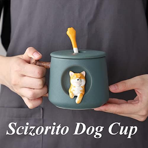 Scizorito Slatka pasa pasa, keramička šalica kave s poklopcem, slatke šape na vrhu žlice, slatka Shiba lnu trodimenzionalni dizajn,