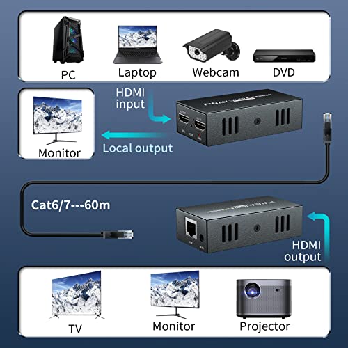 PWAYTEK 4K HDMI Extender, Ultra HD 4K @ 60 Hz za Cat5e / 6 i do 200 metara / 60 m, poboljšani audio i video, podržava Loop Out, IR,
