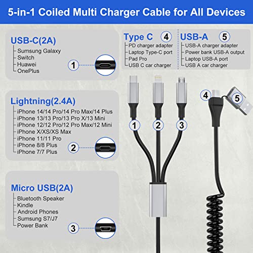 Spiralni kabel USB C-Lightning za Apple Carplay [certificiran od strane MFi], višenamjenski kabel za punjenje iPhone 5 u 1 sa sinkronizacijom