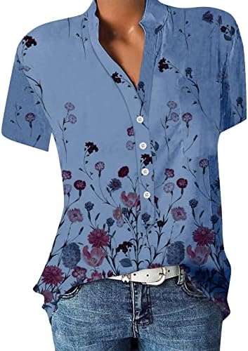 Vrhovi vježbanja za žene Ljetne gumbe dolje košulje v vrat cvjetni otisak labave majice s džepovima uzročne haljine bluze