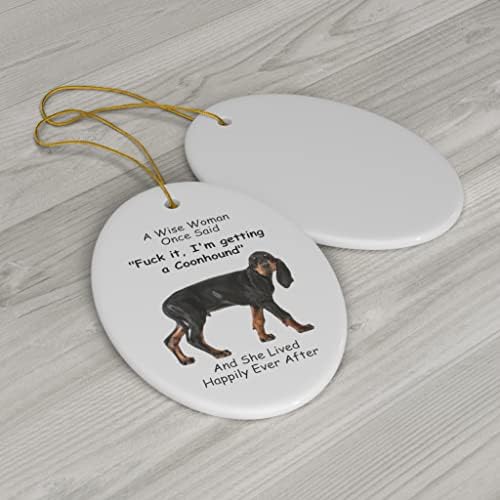 Smiješni coonhound crni tan pse darovi 2023 božićno drvce ukrasi mudra žena jednom je rekla ovalna keramika