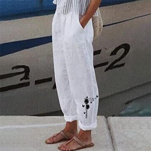 Ženske pamučne posteljine duge hlače opuštene prindelijske tiskane hlače Ravne hlače Elastično struk Boho Ljetne hlače s džepovima