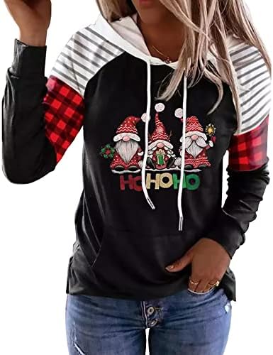 Božićni gnome karirane džepne kapuljače Žene Sretan Božić hohoho pulover grafičke majice dukserice dugih rukava košulja