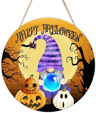 Mesllings sretan Halloween Gnome Wood Wort Sign, plak za viseći zid od bundeve, 16 x 16 Mjesečev retro natpis s prednjim vratima, smiješan