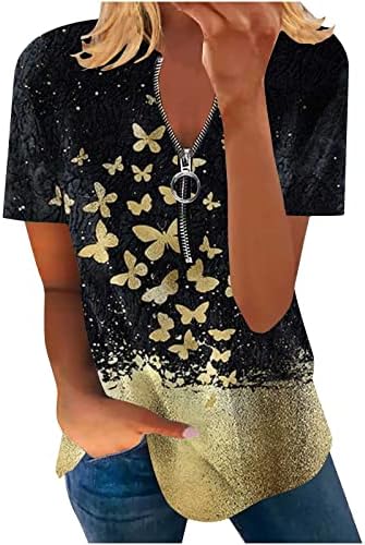 Ženski ležerni V vrat Zip-up tunični vrhovi ljetni kratki rukavi leptir grafički labavi majica majice vrh
