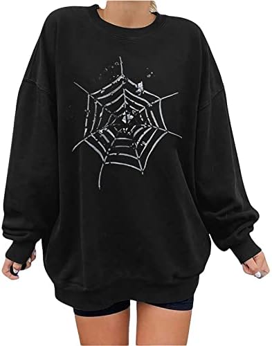 Ženske vještice, ženske ležerne košulje dugih rukava Spider Web grafički pulover okrugli vrat košulja labavi vrhovi