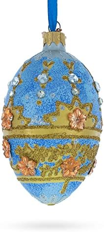 Zlatni cvjetovi na pjegavim plavim staklenim jajima božićni ukras 4 inča
