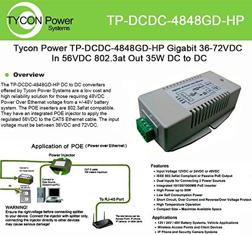 Tycon Systems TP-DCDC-4848GD-HP 56V DC OUT 35W HI POWER DC TO DC COVERTER I POE INSERTER-GIGABIT