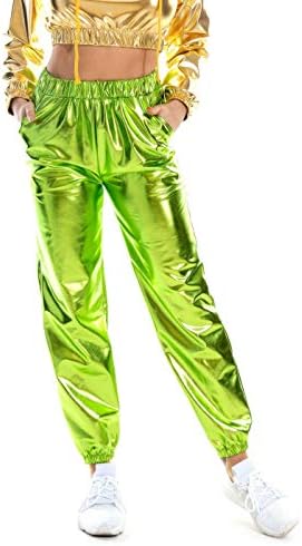 Siaearrg Women Shiny Metallic Visoki struk Rastepeni jogger hlače, mokri izgled hip hop klub nose holografske hlače trenirke