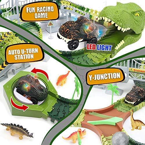 Trkačka staza igračaka dinosaura, 174pcs Fleksibilna staza s 2 dino automobila, stvorite dinosaur World Road utrku, uključuju 8 figurica