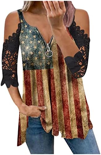 Top Girls Ljetna jesenska odjeća Y2K čipka s kratkim rukavima pamučna američka zastava Graphic Zip Up Thirt za žene za žene Q3 Q3
