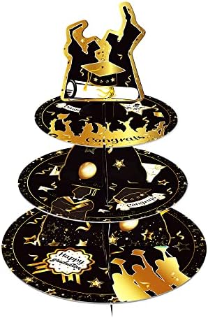 Crno zlato tematska zabava Cupcake Stand, 3 sloj čvrstog kartona zaslon hrane Cupcakes Tower Holder Candy Cookie Ladica za sezonu diplomiranja
