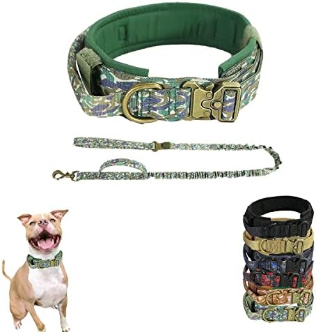 Taktički ogrlica za pse - vojni podesivi najlonski ovratnik za pse i povodac postavljen teškim metalnim kopčama kamuflaža moda izdržljiva