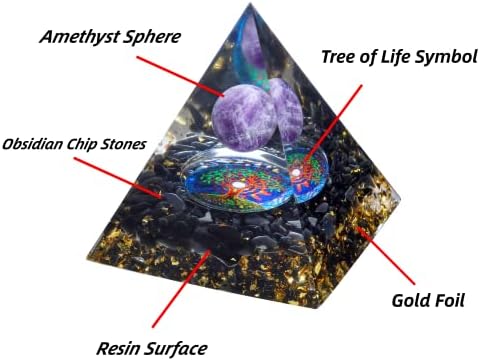 Gehecrst ametist zacjeljivanje kristalne sfere orgona piramida s reiki obsidijanskim kamenjem čipa i drvetom života simbol orgonit