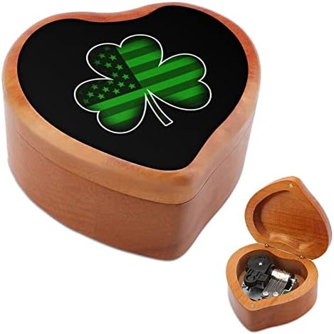 Irski Shamrock USA zastava St. Patrick's Day Wooden Music Box Oblik Srce oblik Windup Music Box Vintage Wooden Wortwork Musical Box