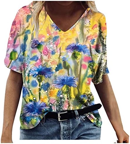 Ženski ljetni vrhovi Žene Summer v Neck Thirt Top Trendy Casual Print Loose Fit bluza kratki rukavi plus veličina