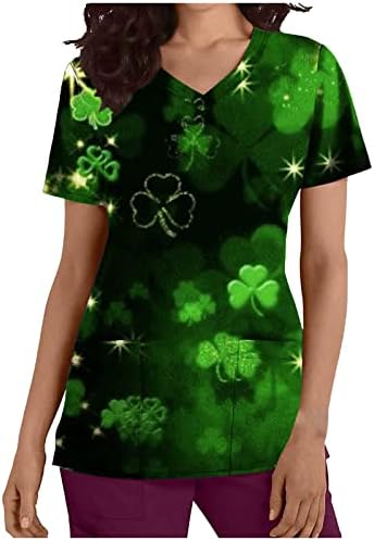 Dan sv. Patrika ženke s v-izrezom Scrub_top Slatka zelena tiskana radna odjeća Uniforma za odmor košulje kratke rukave tunične bluze