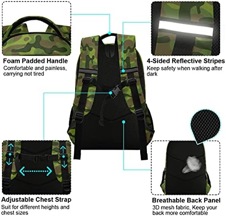 Mnsruu školski ruksak s remenom za prsa, kamuflažni zeleni ruksak prijenosnog računala, putnički planinarski ruksak za djevojčice za