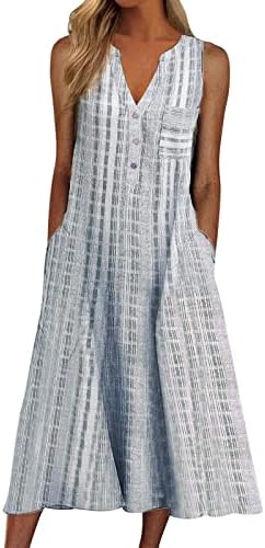 Ženske casual midi haljine Na pruge, sarafan s gumbima i džepovima u obliku slova u, duge ljetne haljine bez rukava, ljuljačka haljina
