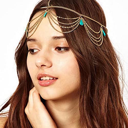Boho slojevita tirkizna traka za glavu lanac za kosu sa zlatnom resicom viseći lanac za kosu u obliku suze ciganski pokrivala za glavu