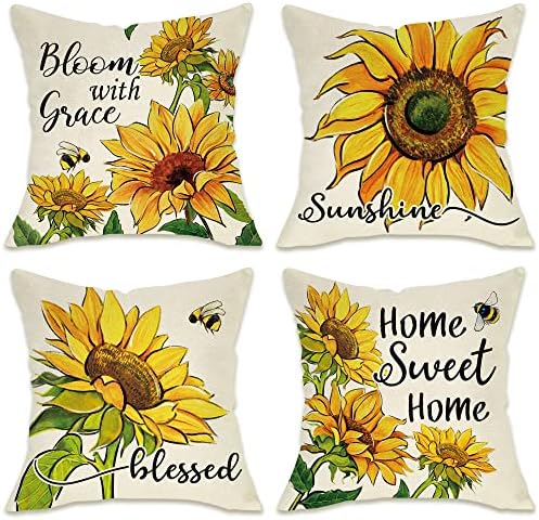 Fahrendom suncokret sunčano ukrasni jastuk jastuk pokrivač 20 x 20 set od 4, ljetni dom slatkog doma blagoslovljeni trijem popločani