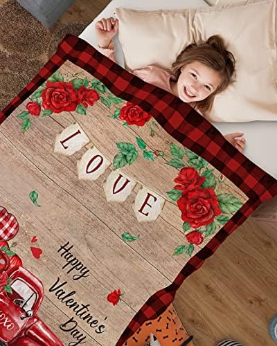 Dječje deke za dječake djevojčice, sretni Valentinovo, crveni kamion Ljubav Heart Rose Vinatge Wood Grain Plain Swaddle pokrivač meka