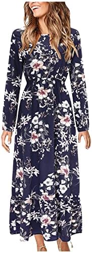 Ženska elegantna duga Midi haljina s cvjetnim printom dugih rukava s okruglim vratom i visokim strukom ležerni sundress za svečane