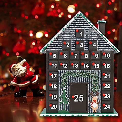 Adventski kalendar s 25 ladica, led osvijetljena drvena kućica, božićna ploča, odbrojavanje 24 dana, ukrasi sobova, blagdanski pokloni