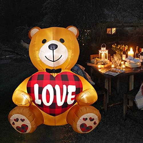 Zbor zeko 6 ft Valentinovo medvjed na napuhavanje s LED svjetlima, slatki medvjed koji drži srce, dvorište razneseni ukras za Majčin