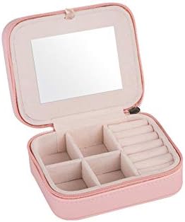 Putna prijenosna kutija za nakit od PU kože prsten narukvica naušnica kutija za pohranu s ogledalom u ružičastoj boji