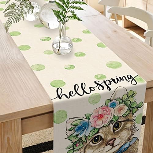_ Stolna staza, slatka mačka životinja sa zelenim točkicama dekor kuhinjskog stola za blagovanje, Cvijeće Sezonski ukras kuće od Burlapa