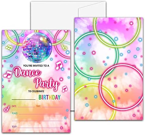 Plesna zabava pozivnice za kravatu Disco Music Neon Fill-in Poziva za tinejdžere Young Boys & Girls, 20 pozivnica s omotnicama ， Kids
