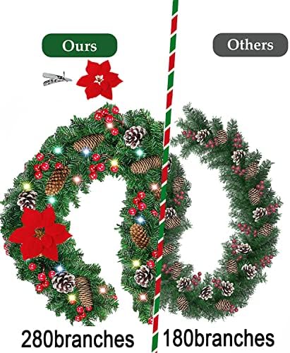 9ft Božićni ukras od vijenca s 50 svjetla/15 borovih češera/160 crvenih bobica/5 crveni cvijet, baterija s ručnim vijencima, božićni