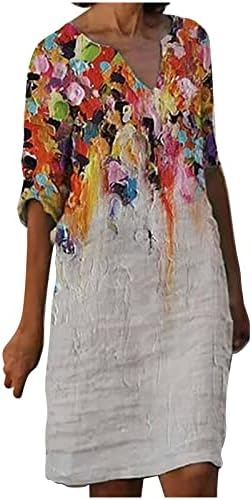 Ženska 3/4 rukava Sundress Slatka majica majice midi haljine v vrat casual mekana tunika gornja zabava za žene