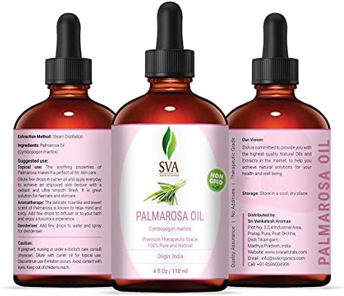 SVA Palmarosa esencijalno ulje- 118 ml čisto, prirodno i vrhunsko terapijsko razred za sphpurnu kožu, nahranjenu kosu, aromaterapiju